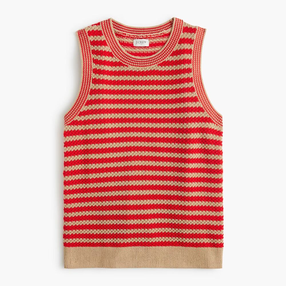 New J.CREW Factory Red Beige Striped Crochet Sweater Tank Women Size Large $79.5